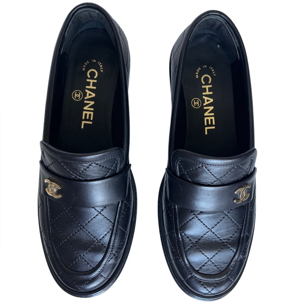 CHANEL Black Quilted Leather Loafers with Gold Logo